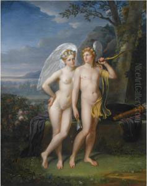 Cupid And Psyche In A Landscape Oil Painting by Robert J. Fr. Faust Lefevre