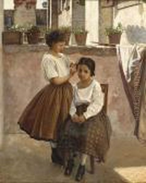 Two Girls On A Balcony Oil Painting by Silvestro Lega