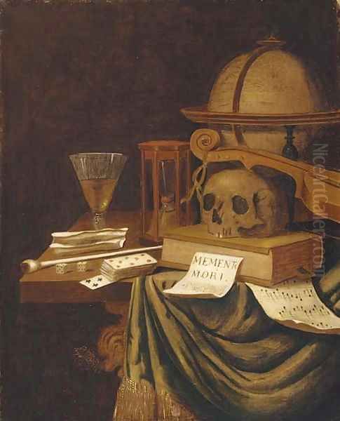 A vanitas still life, with a globe, an hour glass Oil Painting by Evert Collier