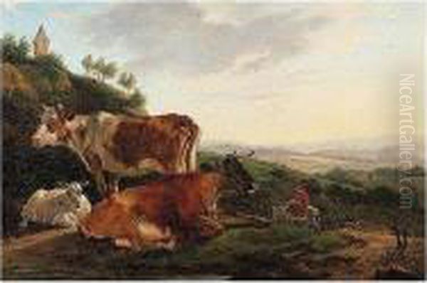 Landscape With Cattle And Sheep Resting, A Town Beyond Oil Painting by Jean-Francois Legillon