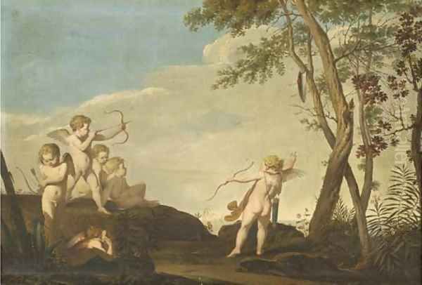 A Mediterranean landscape with putti firing arrows to a shield Oil Painting by Giovanni Battista Cipriani