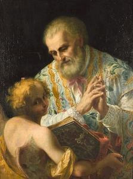 A Bishop Saint With An Angel Holding The Bible Oil Painting by Stefano Maria Legnani