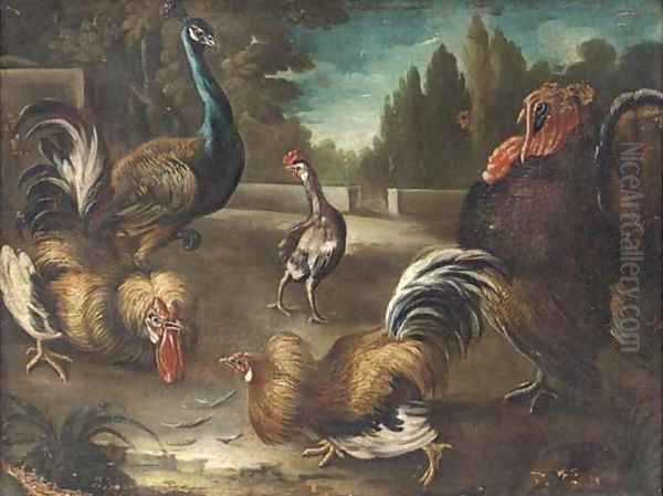 Cockerels, a peacock and turkey in a garden landscape Oil Painting by Giovanni Crivelli, Il Crivellone