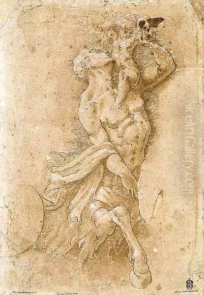 A triton holding a putto Oil Painting by Giulio Campi