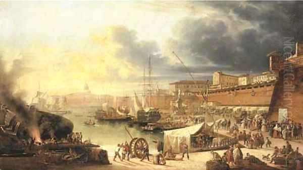 A capriccio of a walled harbour, thought to be Valletta, Malta Oil Painting by Guiseppe Canella