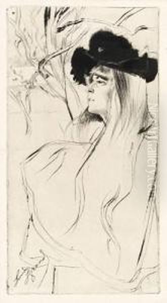 Jeune Femme Au Chapeau Noir. Oil Painting by Louis Auguste M. Legrand