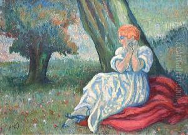 Sous-bois, Femme Assise Sur L'herbe Oil Painting by Louis Auguste M. Legrand