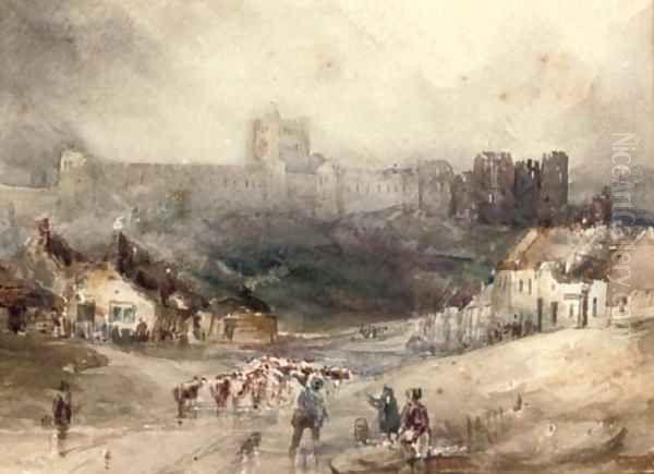 Droving cattle below Richmond Castle, Yorkshire Oil Painting by Henry Barlow Carter