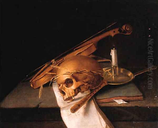 A skull decorated with ears of corn Oil Painting by Jacques de Claeuw