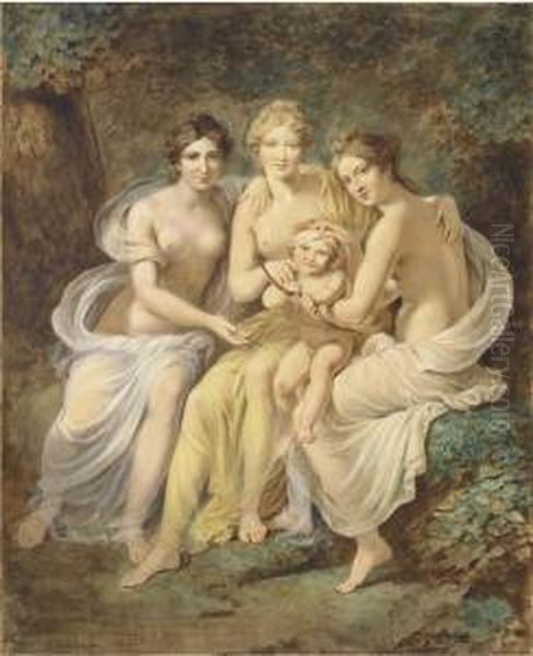 The Three Graces Holding Cupid Drawing A Bow Oil Painting by Etienne-Charles Leguay