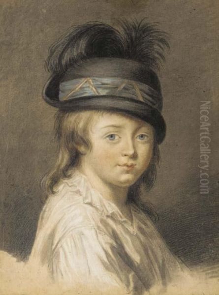 Portrait De Jeune Garcon En Buste Portant Un Chapeau A Plume Oil Painting by Etienne-Charles Leguay