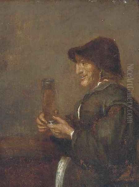 A peasant man smoking a pipe in an interior Oil Painting by Joos van Craesbeeck