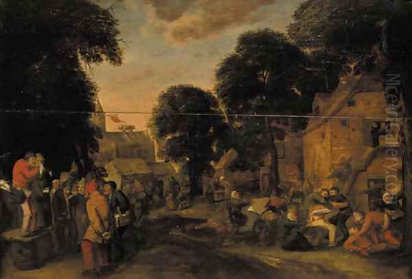 A village fair with a quack and boors fighting outside an inn Oil Painting by Joos van Craesbeeck