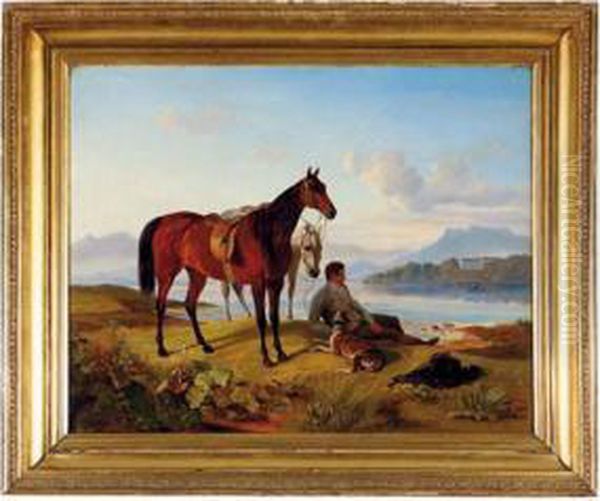 Cavalier Se Reposant Aupres D'un Lac Oil Painting by Edvard Lehmann