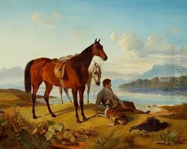 Southern European Landscape With Two Horses And A Rider Taking A Rest by Edvard Lehmann