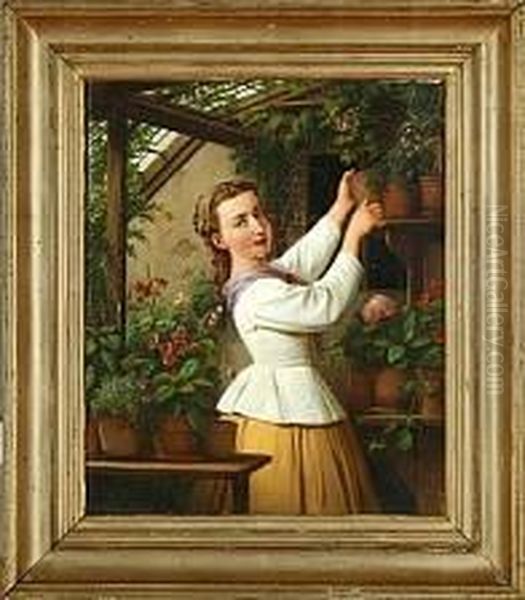 A Young Girl In A Greenhouse Oil Painting by Edvard Lehmann