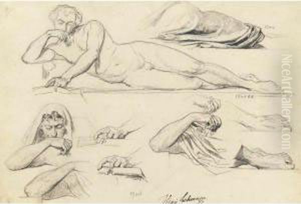 Studies Of A Reclining Nude Oil Painting by Henri Lehmann