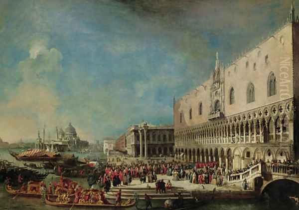 The Grand Canal, Venice, with the reception of the French ambassador into the Ducal Palace Oil Painting by Luca Carlevarijs