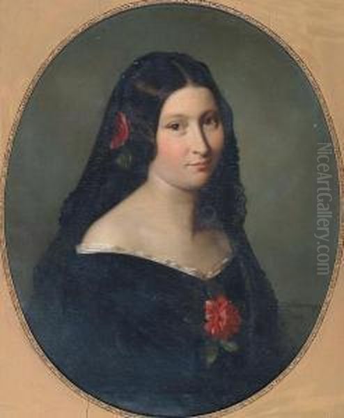 Portrait Of A Lady, Head And 
Shoulders, Wearing Spanish-style Black Lace Headdress, Black Dress, And 
Pink Rose In Her Hair And Corsage Oil Painting by Rudolf August Wilhelm Lehmann