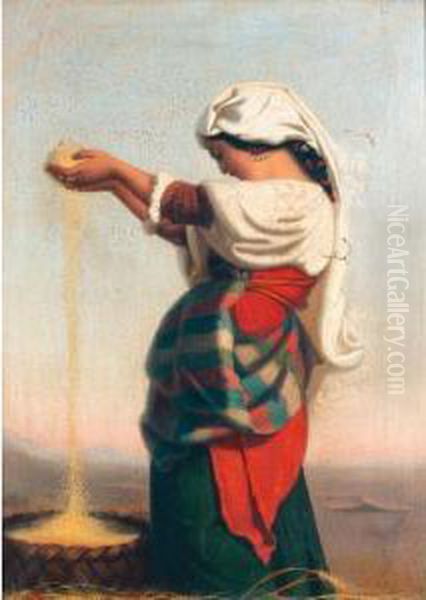 Sifting The Grain Oil Painting by Rudolf August Wilhelm Lehmann