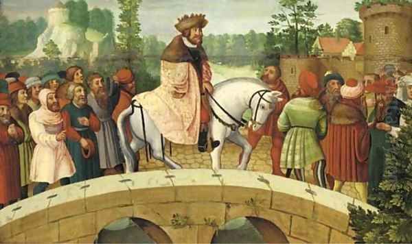 A nobleman accompanied by peasants and burghers outside a town Oil Painting by Lucas The Elder Cranach