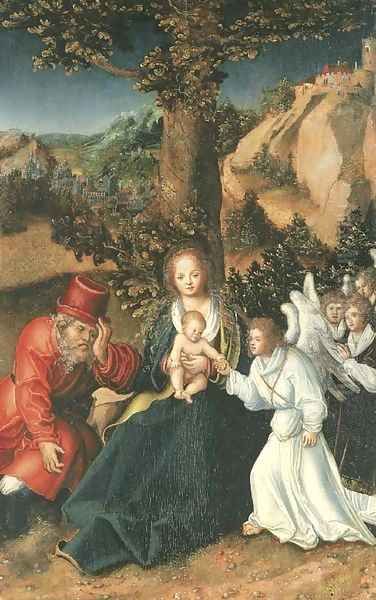 The Holy Family with angels in a landscape Oil Painting by Lucas The Elder Cranach