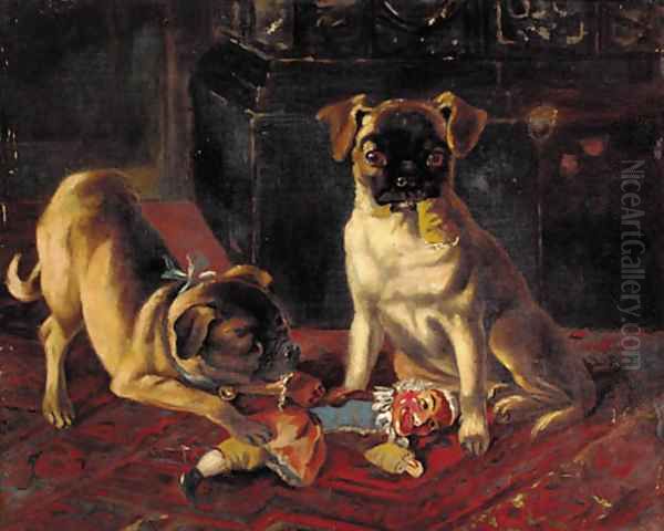 Trouble in store, two pugs Oil Painting by Margaret Collyer