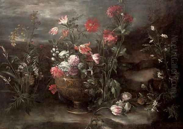 Carnations, tulips and roses in an urn in a rocky landscape Oil Painting by Margherita Caffi