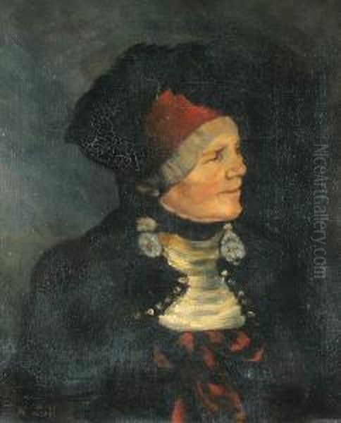 A Portrait Of An Elderly Woman Wearing A Red Cap Oil Painting by Wilhelm Leibl