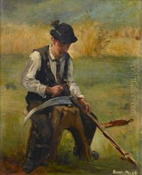 Study Of A Man Repairing A Scythe Oil Painting by Wilhelm Leibl