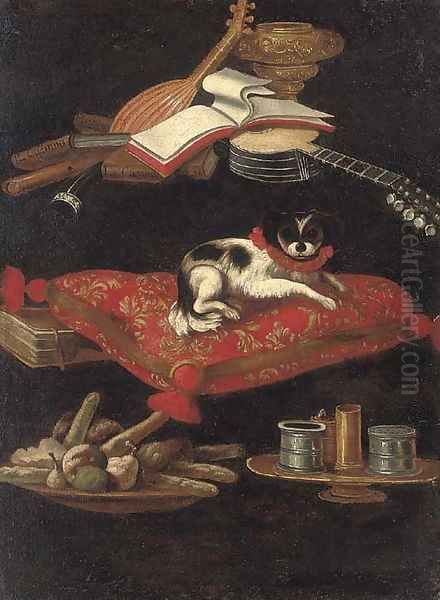 A spaniel on an embroidered cushion with a plate of sweetmeats Oil Painting by Pier Francesco Cittadini