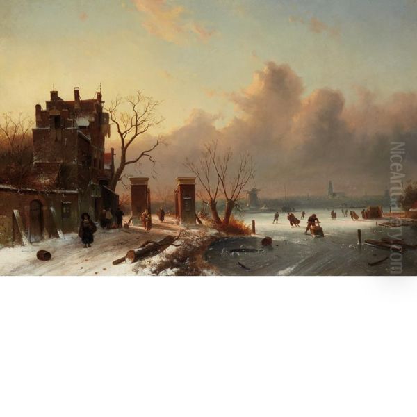 Skaters On A Frozen Canal Oil Painting by Charles Henri Leickert