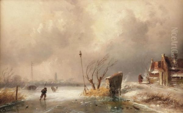 Skating On The Ice Oil Painting by Charles Henri Leickert