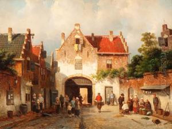 Figures By A Gate Oil Painting by Charles Henri Leickert