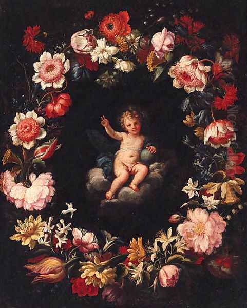 The Infant Christ in a medallion surrounded by a garland of flowers Oil Painting by Pier Francesco Cittadini