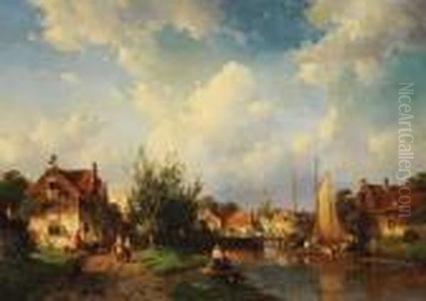 Geschaftiges Treiben Am Flussufer Eines Hollandischen Stadtchens Oil Painting by Charles Henri Leickert