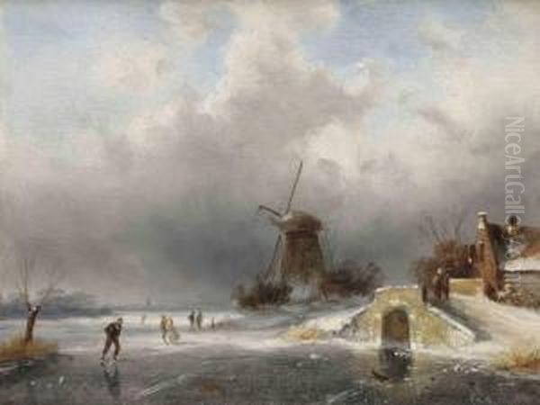 Figures Skating On Ice Near A Windmill Oil Painting by Charles Henri Leickert