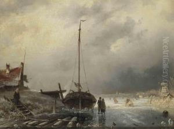 A Winter Landscape With A Boat And Villagers, A Windmill On The Right Oil Painting by Charles Henri Leickert