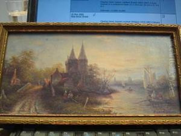 Dutch River Scene Oil Painting by Charles Henri Leickert