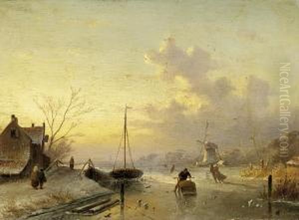 Winter Scene By The River Oil Painting by Charles Henri Leickert