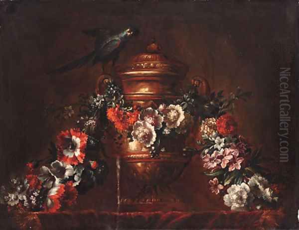 A bronze vase with a string of flowers and a parrot Oil Painting by Pieter II Casteels