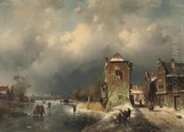 A Village With Skaters On A Frozen Waterway Oil Painting by Charles Henri Leickert