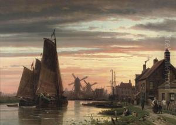 A Townscape With Windmills Beyond Oil Painting by Charles Henri Leickert