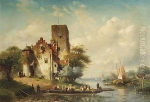 Mooring The Ferry Near A Town In Summer Oil Painting by Charles Henri Leickert