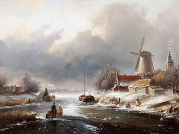 Skaters By A Food And Drinks Stall In Awinter Landscape Oil Painting by Charles Henri Leickert