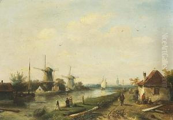 A View Of A Canal With Figures In Theforeground Oil Painting by Charles Henri Leickert