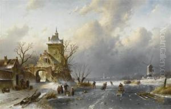 Dutch Winter Landscape With Skaters Oil Painting by Charles Henri Leickert