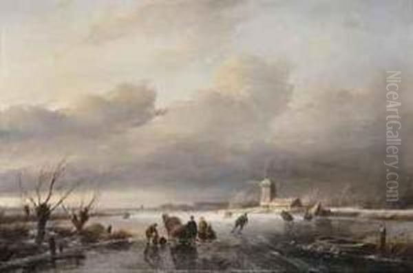 Figures On A Frozen Waterway Oil Painting by Charles Henri Leickert