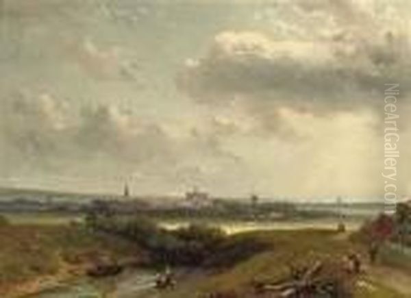 Figures Conversing Along A Country Path, A Dutch Town In Thedistance Oil Painting by Charles Henri Leickert