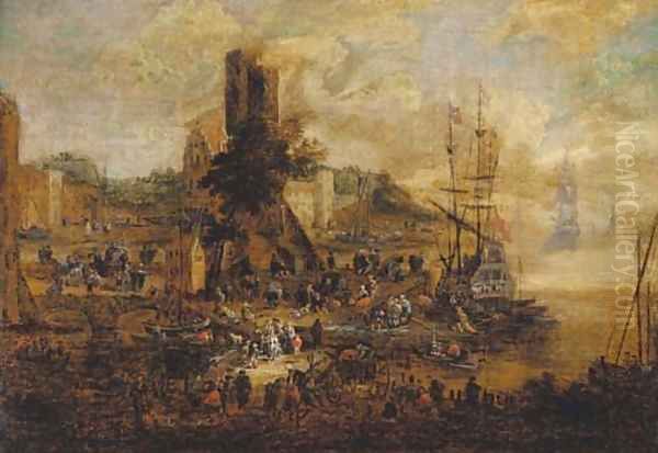 A quayside with numerous figures Oil Painting by Pieter II Casteels